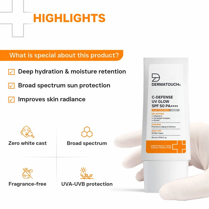 C-Defense UV Glow SPF 50 PA++++ Fluid Sunscreen for Premature Aging & Sunburn (In-Vivo & In-Vitro Tested)